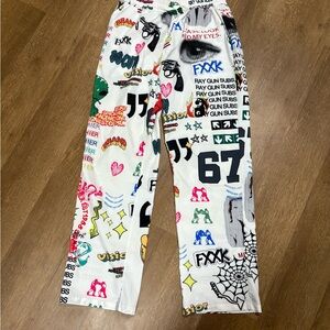 White and Pink Casual Pants with Artistic Print